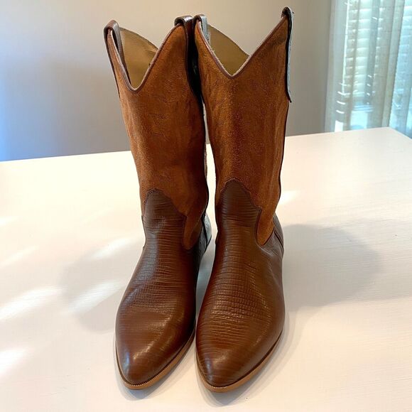 Vintage Chilis Brown‎ Suede Leather and Lizard Exotic Cowboy Boots Size 8.5 - Picture 5 of 12